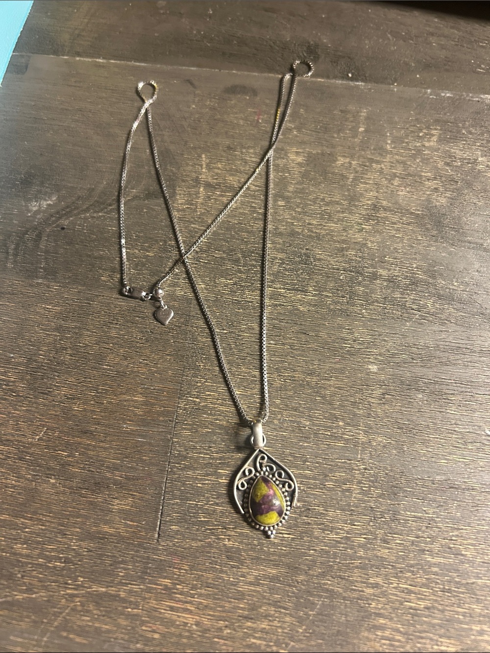 Sterling Silver Pendant Necklace with Purple and Green Teardrop Stone‎